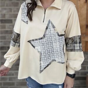 POL Cream Lace Star Half-Zip Sweatshirt with Plaid Accents